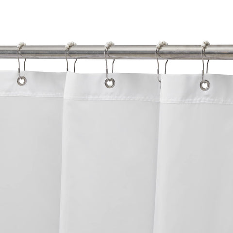 White Shower Curtain with Snap in Liner with Satin Accent Stripe