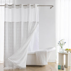 River Dream Farmhouse Linen Textured Shower Curtain with Snap-in Liner Set, No Hooks Needed, with Tassels for Rustic Bathroom Decor,with Window,with Magnets,Linen,71Wx74H