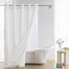 River Dream Farmhouse Linen Textured Shower Curtain with Snap-in Liner Set, No Hooks Needed, with Tassels for Rustic Bathroom Decor,with Window,with Magnets,Linen,71Wx74H