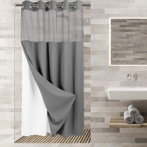 No Hooks Required Waffle Weave Shower Curtain with Snap in Liner