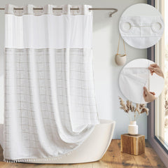 River Dream Farmhouse Linen Textured Shower Curtain with Snap-in Liner Set, No Hooks Needed, with Tassels for Rustic Bathroom Decor,with Window,with Magnets,Linen,71Wx74H