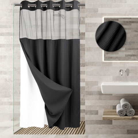 No Hooks Required Waffle Weave Shower Curtain with Snap in Liner