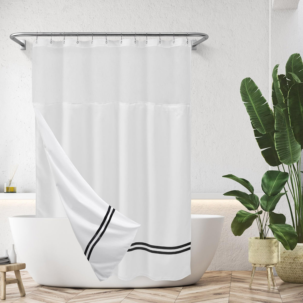 White Shower Curtain with Snap in Liner with Satin Accent Stripe