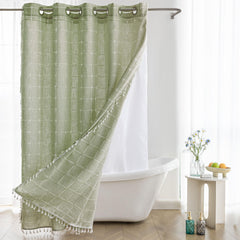 River Dream Farmhouse Linen Textured Shower Curtain with Snap-in Liner Set, No Hooks Needed, with Tassels for Rustic Bathroom Decor,with Window,with Magnets,Linen,71Wx74H
