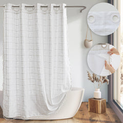 River Dream Farmhouse Linen Textured Shower Curtain with Snap-in Liner Set, No Hooks Needed, with Tassels for Rustic Bathroom Decor,with Window,with Magnets,Linen,71Wx74H