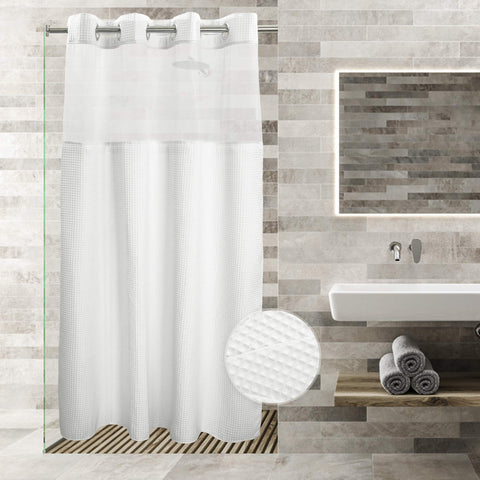 Waffle Weave Cotton Blend Shower Curtain Set with Snap in replacement Liner