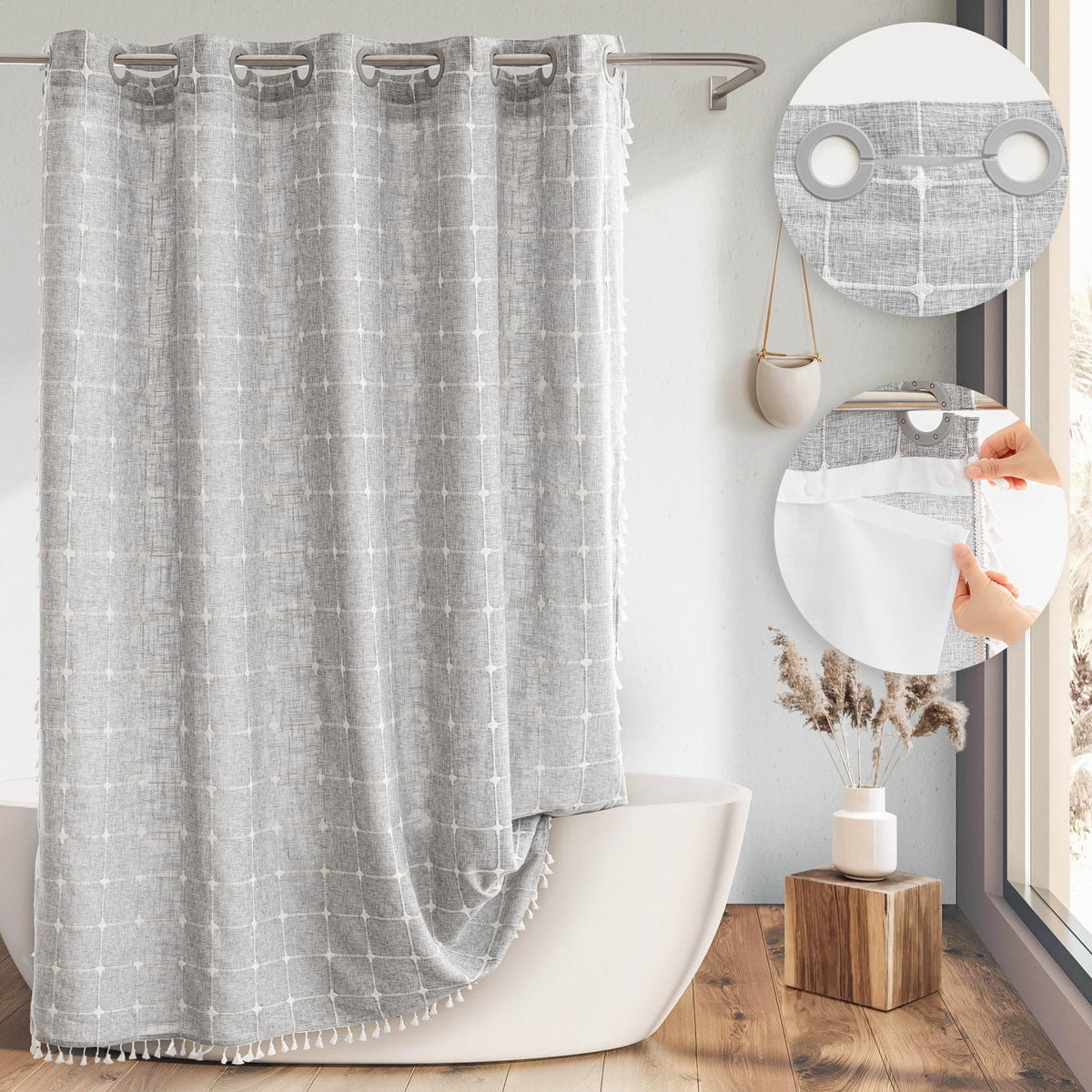 River Dream Farmhouse Linen Textured Shower Curtain with Snap-in Liner Set, No Hooks Needed, with Tassels for Rustic Bathroom Decor,with Window,with Magnets,Linen,71Wx74H