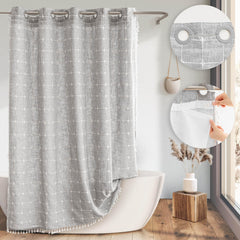 River Dream Farmhouse Linen Textured Shower Curtain with Snap-in Liner Set, No Hooks Needed, with Tassels for Rustic Bathroom Decor,with Window,with Magnets,Linen,71Wx74H