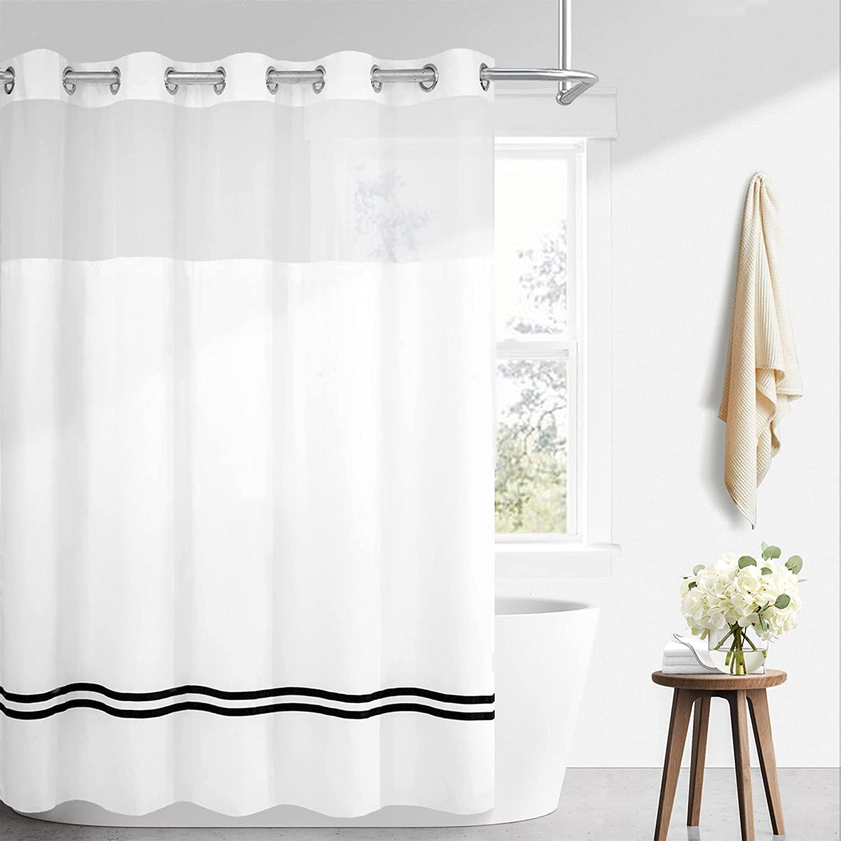 No Hooks Needed with Black Stripe Shower Curtain & Liner – River Dream