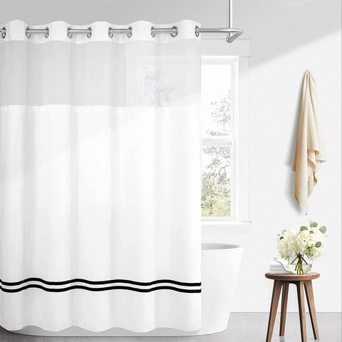 No Hooks Needed with Black Stripe Shower Curtain & Liner